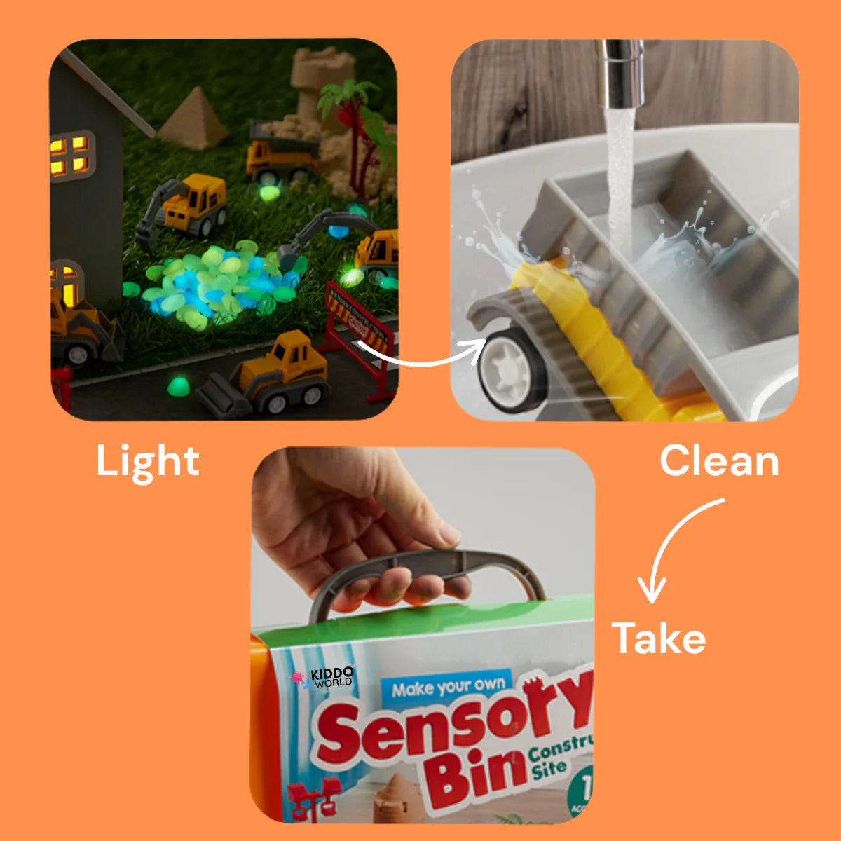 Sensorik-Set mit magnetischem Sand & leuchtenden Steinen | Baustelle & Bagger