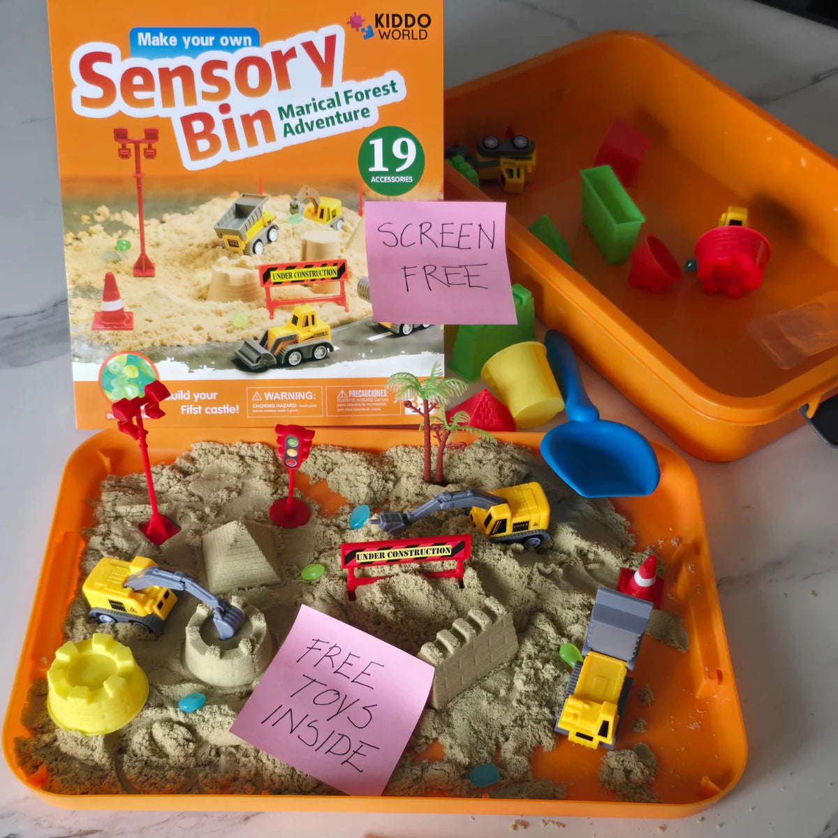 Sensorik-Set mit magnetischem Sand & leuchtenden Steinen | Baustelle & Bagger