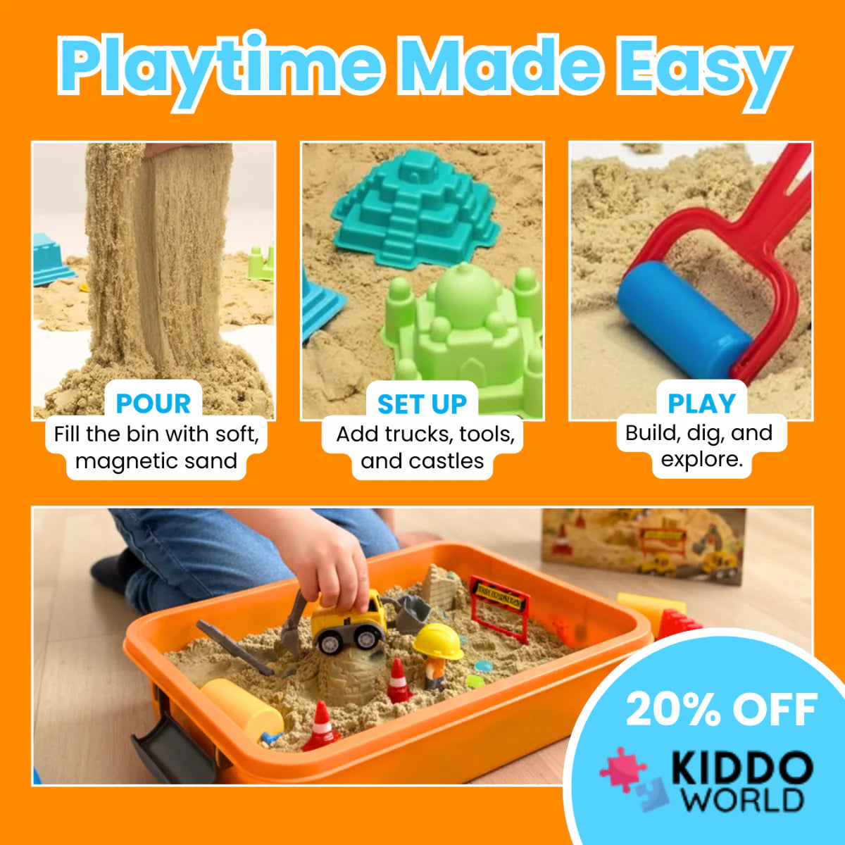 Sensorik-Set mit magnetischem Sand & leuchtenden Steinen | Baustelle & Bagger