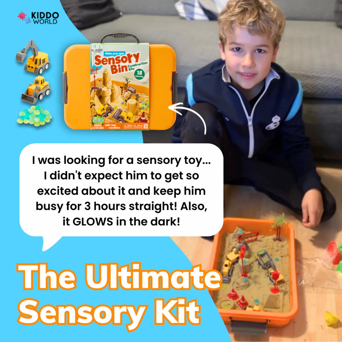 Sensorik-Set mit magnetischem Sand & leuchtenden Steinen | Baustelle & Bagger