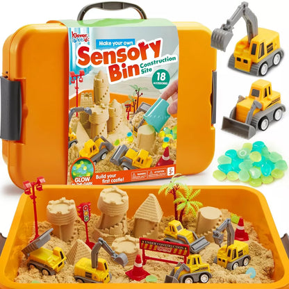 Sensorik-Box: Baustelle – Im Dunkeln leuchtende Steine, magnetischer Sand und Baufahrzeuge (ab 3 Jahren)