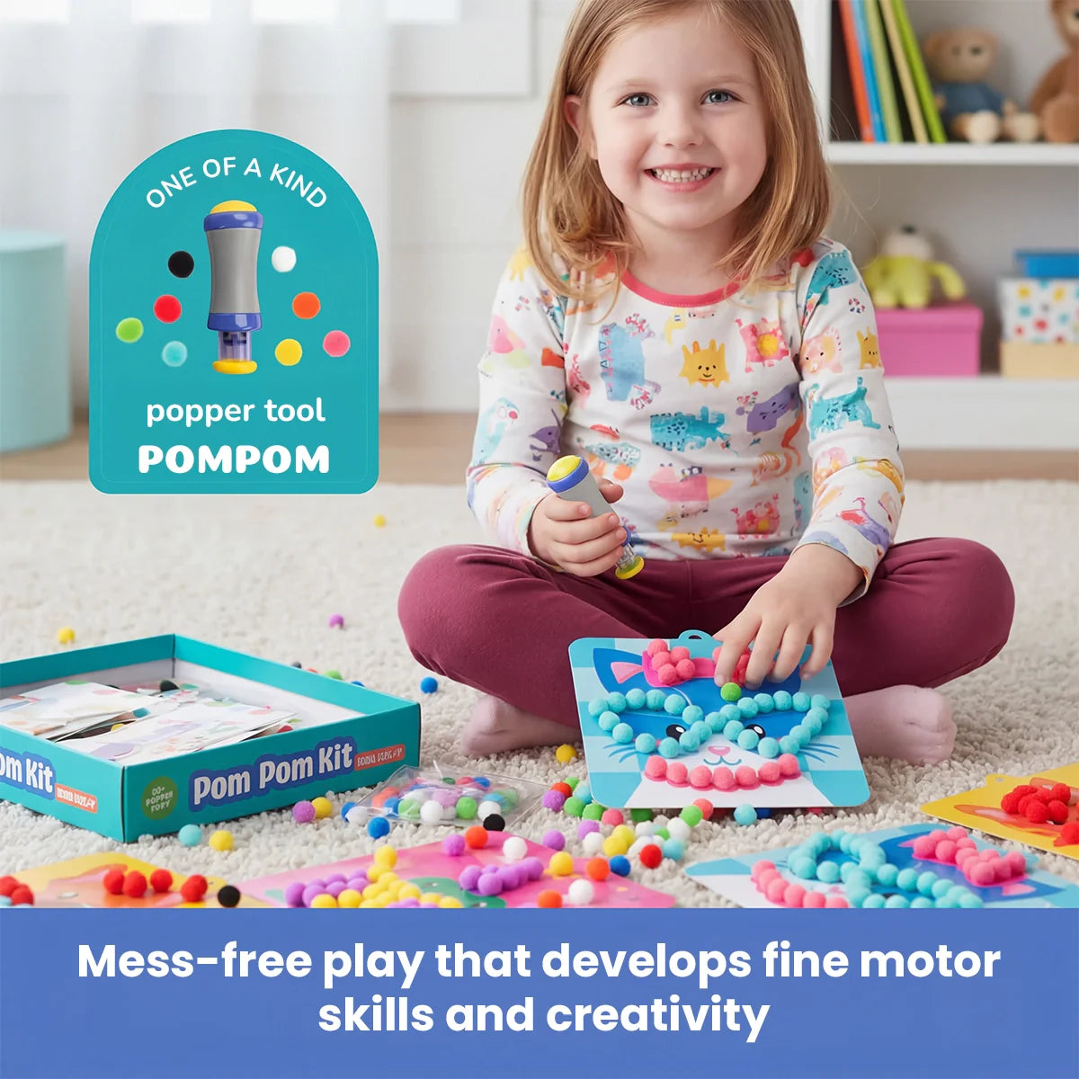 Pom-Pom-Set mit kinderleichtem Werkzeug | 12 Tiermotive + 600 Pom-Poms