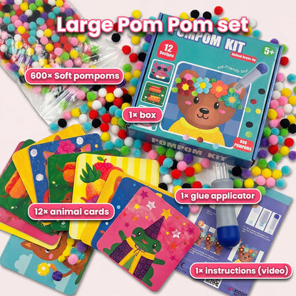 Pom-Pom-Set mit kinderleichtem Werkzeug | 12 Tiermotive + 600 Pom-Poms