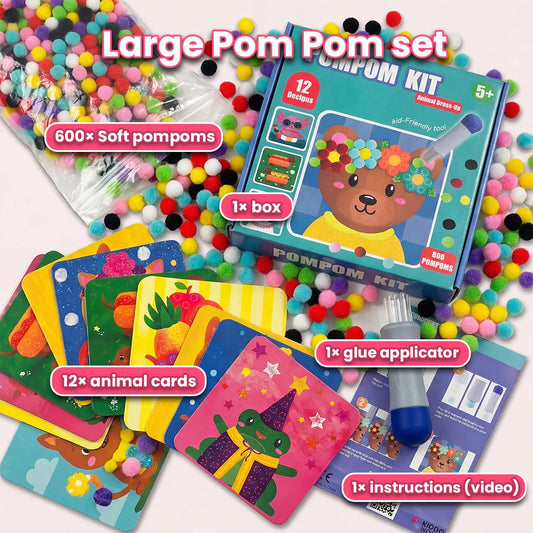 Pom-Pom-Set mit kinderleichtem Werkzeug | 12 Tiermotive + 600 Pom-Poms
