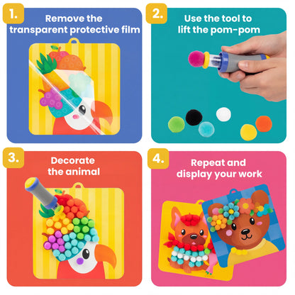 Pom-Pom-Set mit kinderleichtem Werkzeug | 12 Tiermotive + 600 Pom-Poms