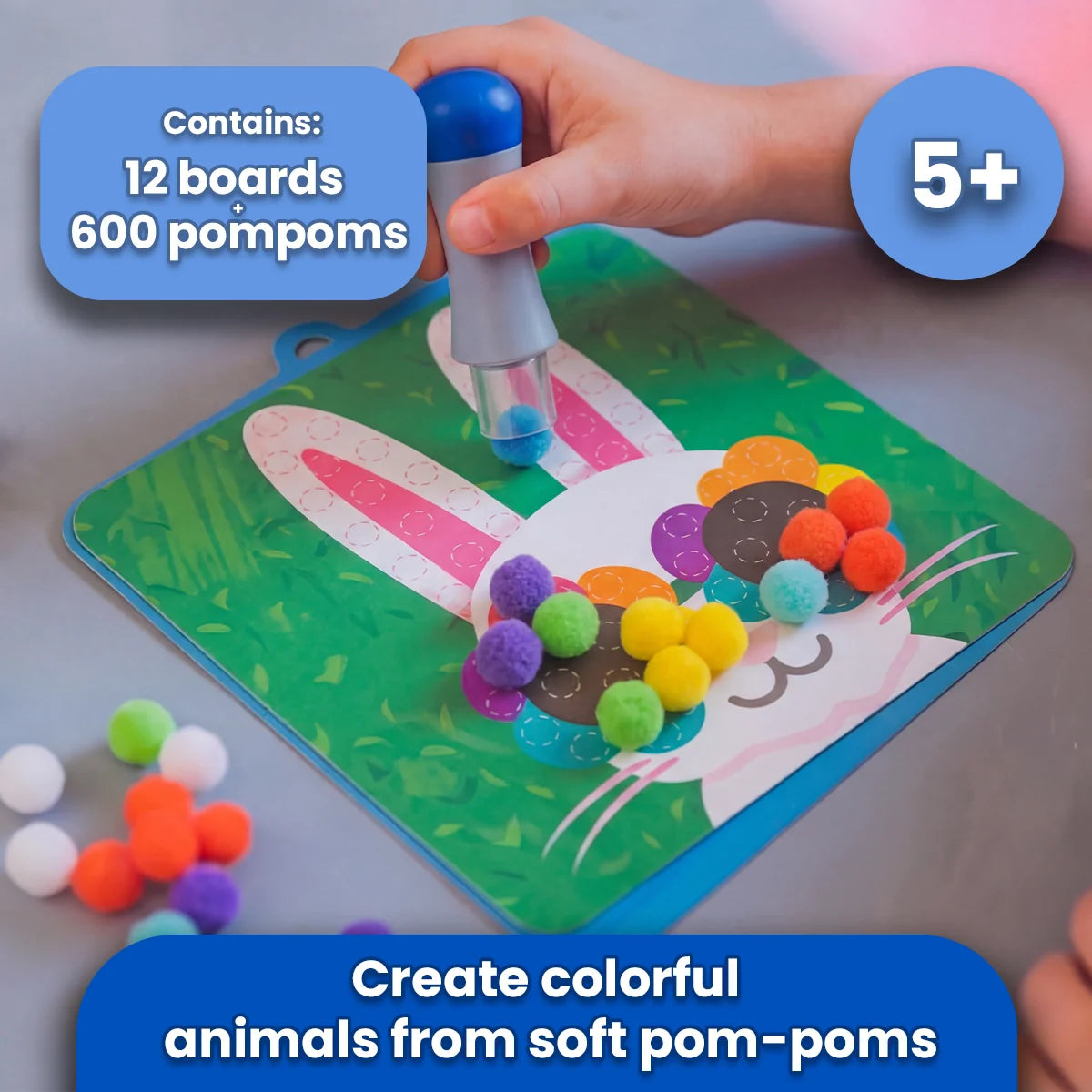 Pom-Pom-Set mit kinderleichtem Werkzeug | 12 Tiermotive + 600 Pom-Poms